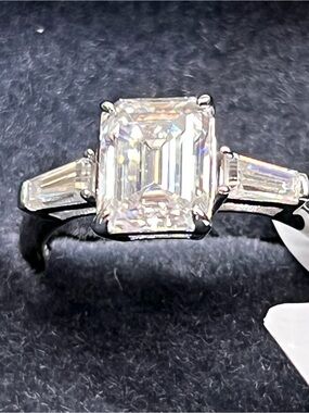 Emerald-Cut Moisannite 3.6 CTW Three Stone Ring in Sterling Silver MSRP $1,045